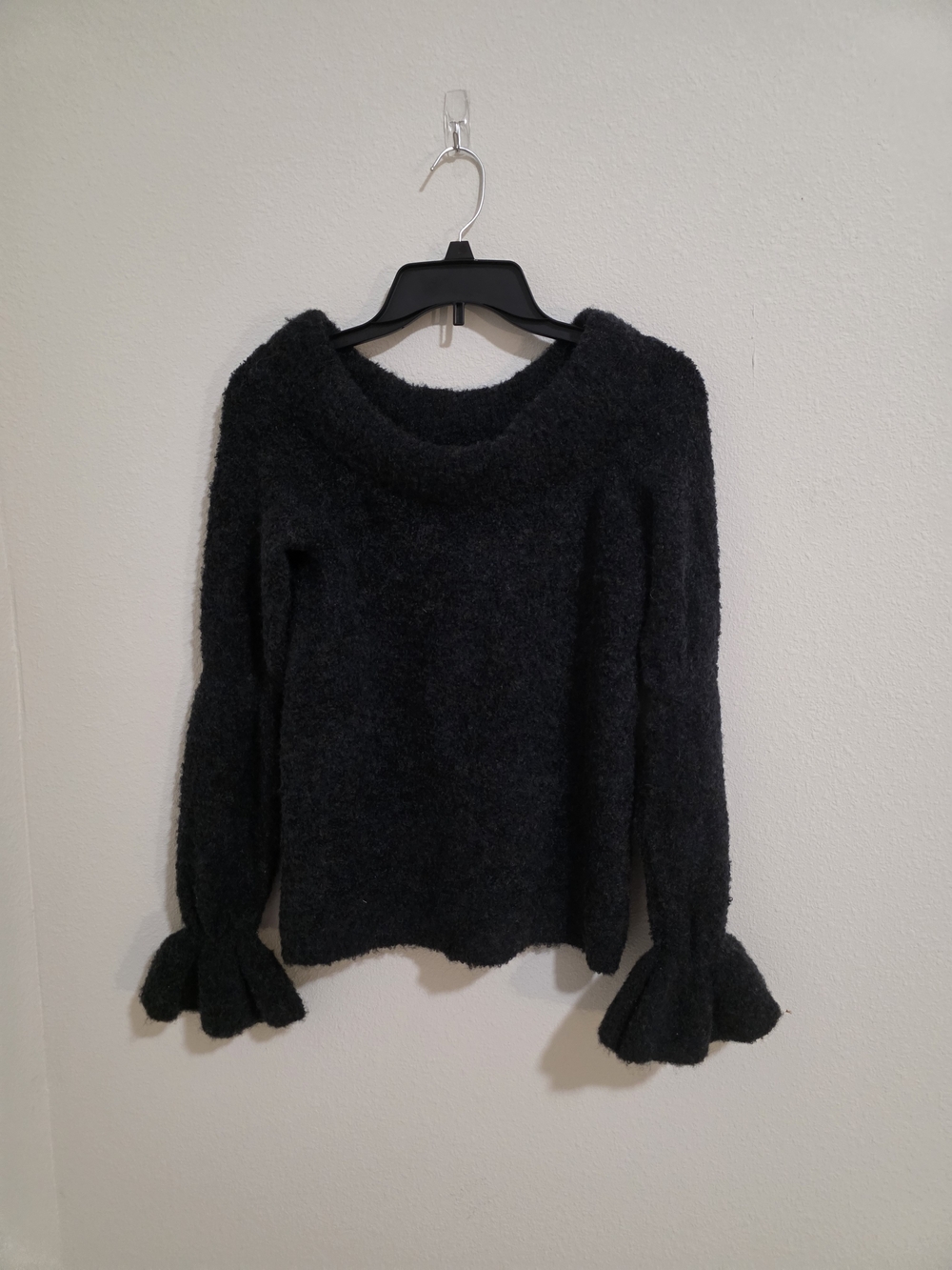 Something Navy Black Fuzzy Cowl Neck Sweater with Ruffle Cuffs
